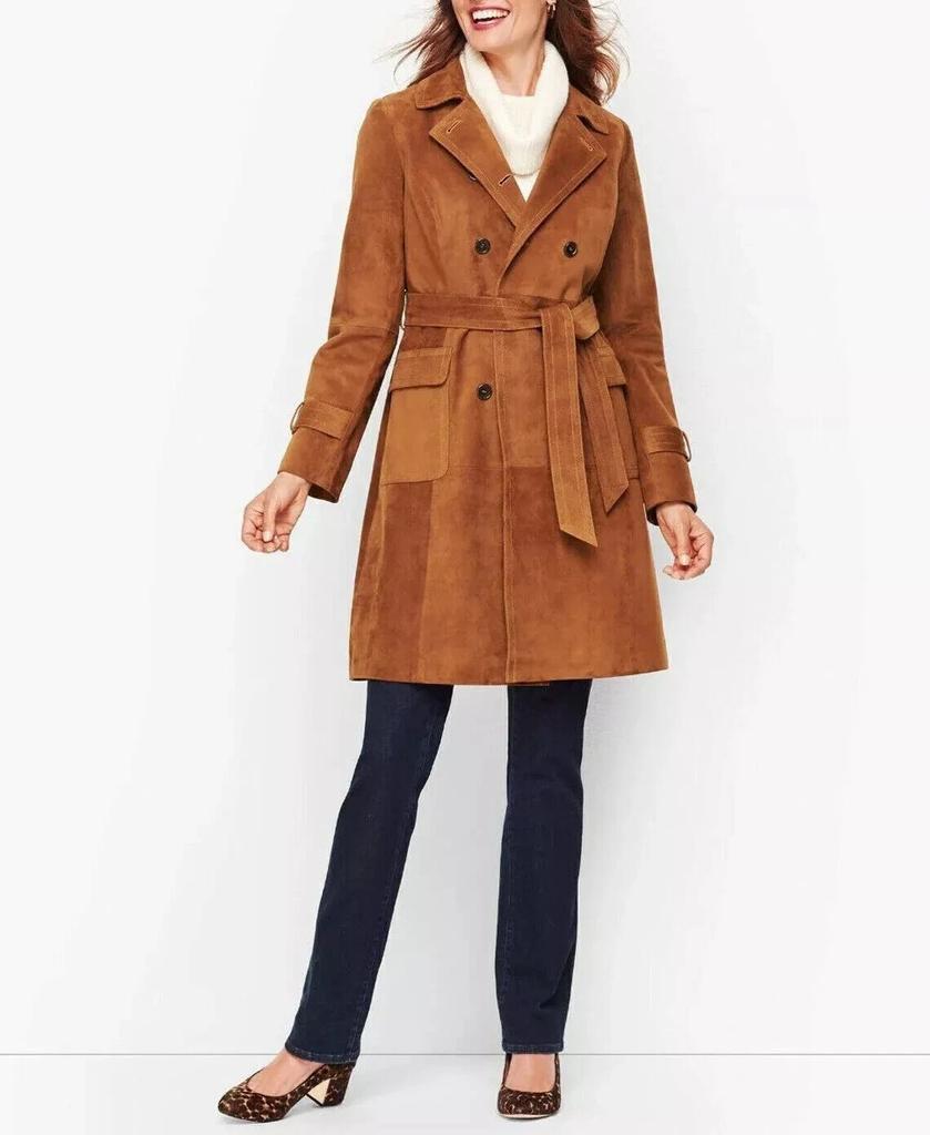 Lambskin Handmade Long Party Stylish Women Brown Trench Coat Suede Leather Genuine