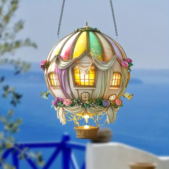 Stained Glass Style Hot Air Balloon Suncatcher 2D Acrylic Window Hanging Ornament for Home Garden Wall Window Decor