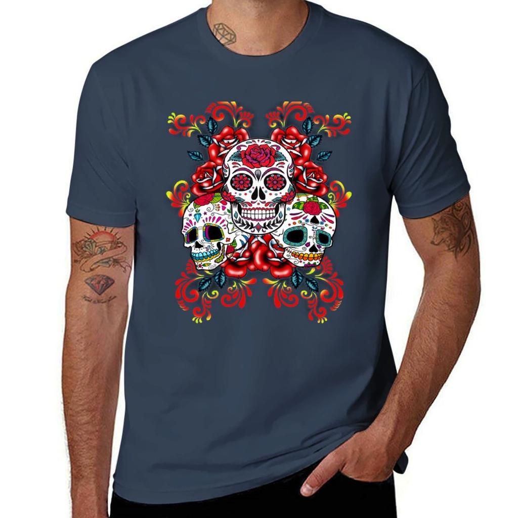 Triple Skull Red Floral Day Of The Dead Sugar Skulls Tshirt Minimalist Casual Short Sleeve Top