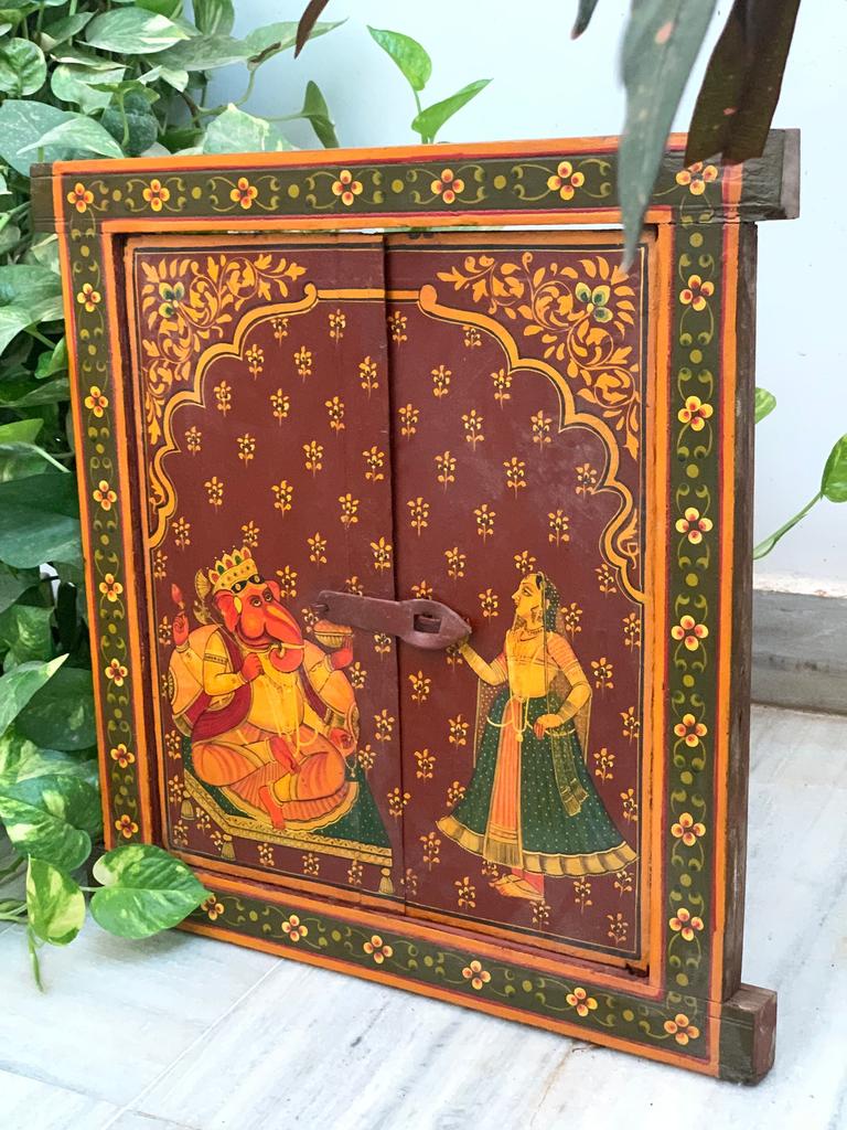 Hand Painted Ganesha Jharokha: Antique Wooden Window Wall Decor