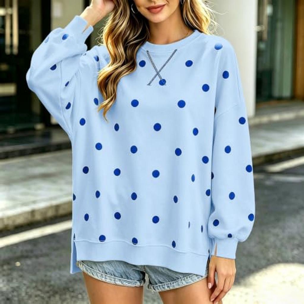 Women's Casual Loose Fit Long Sleeve Polka Dot Pullover Shirt