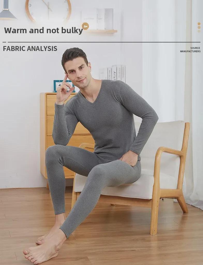 Men's Two-Color German Velvet Warm Suit: No-Pill V-Neck/Round Neck Top & Bottom Set for Autumn/Winter.