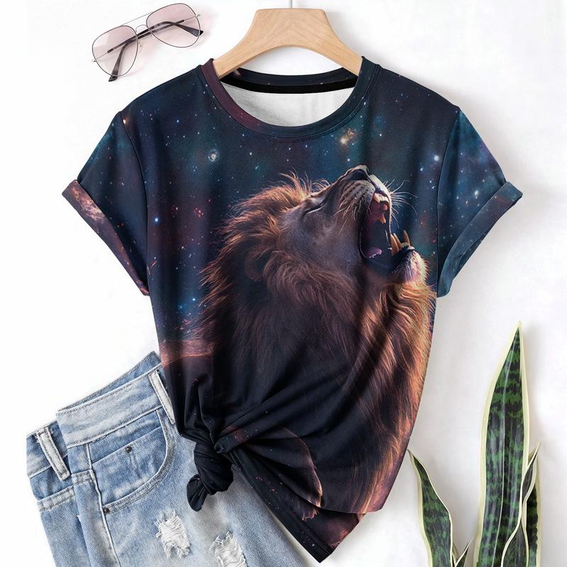 

Футболка с рисунком льва, волка, кошки, животного, повседневная спортивная женская футболка, летняя новинка, круглый вырез, короткий рукав, легкая ткань, 2025, новый модный дизайн 6XL