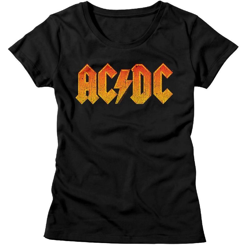 Ladies AC/DC Logo Orange Distress Black Rock and Roll Music Band T-Shirt