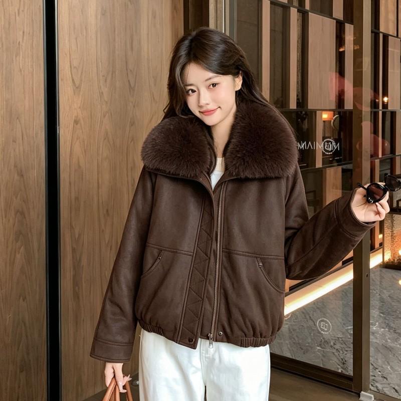 Womens Short Puffer Coat With Detachable Faux Fur Collar Warm Cotton-Padded Jacket Winter