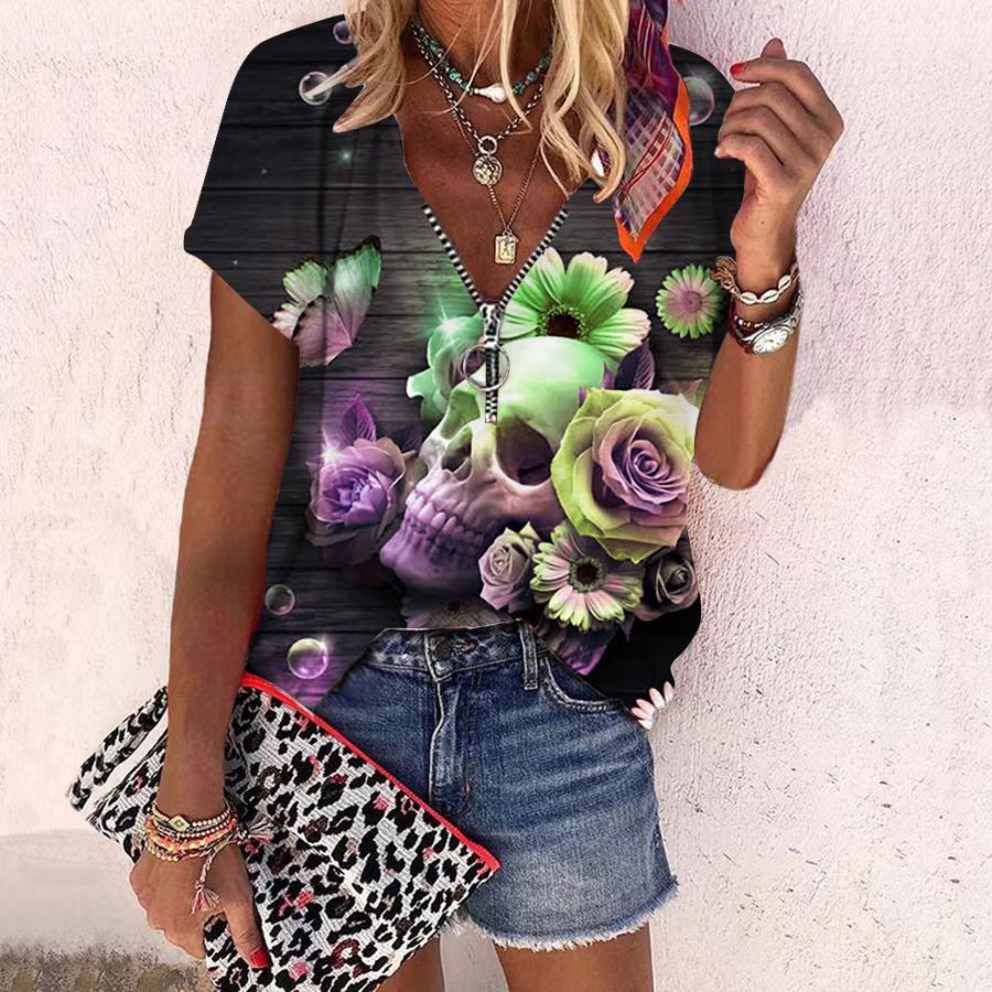 Γυναικείο Καλοκαίρι Νέο Μόδα Τριαντάφυλλο Κρανίο και τριαντάφυλλα εμπριμέ με φερμουάρ με λαιμόκοψη V με κοντό μανίκι
