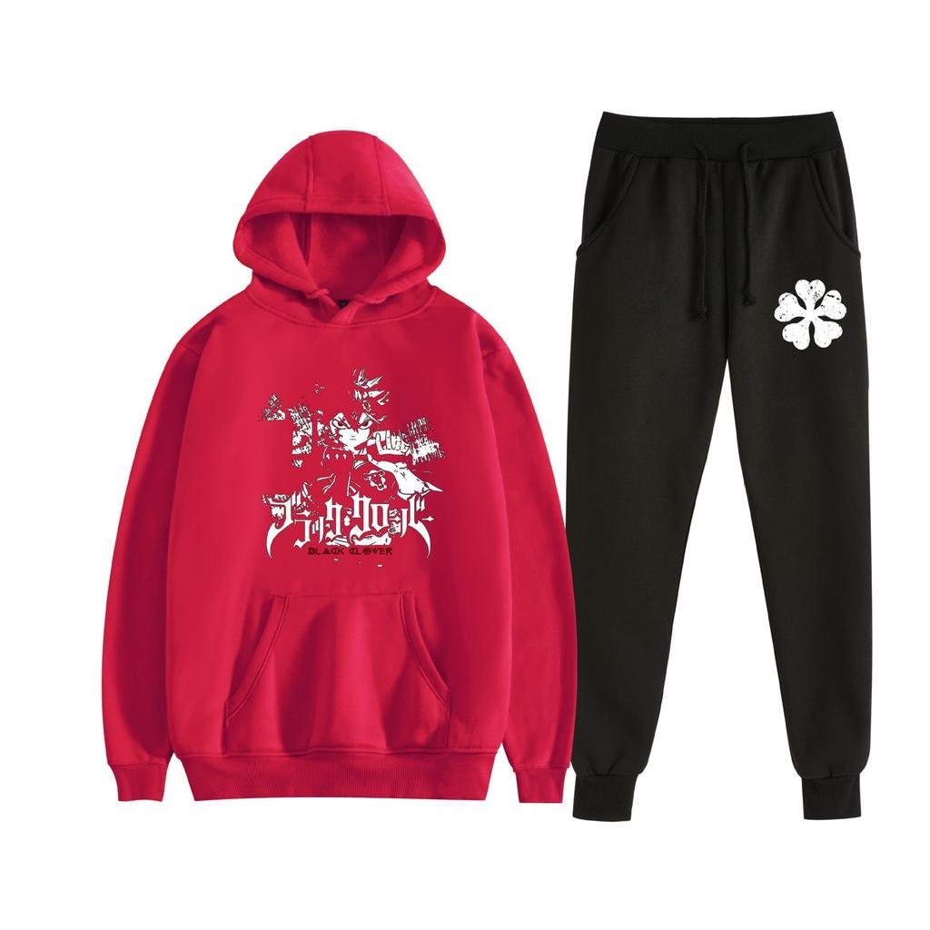 Europe, America, Autumn and Winter Black Four-leaf Clover Peripheral Two-dimensional Men's and Women's Leisure Sports Fleece Hooded Sweater Set 
