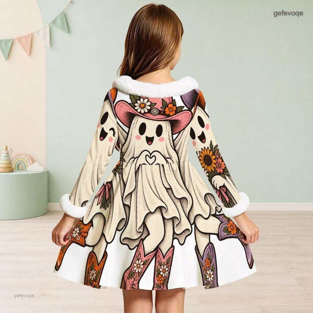 Girls High Neck Long Sleeve Halloween Black Cat Pumpkin Printed Fuzzy Trim A Line Dress