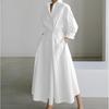 Women Midi Shirt Dress Turn Down Collar 3/4 Sleeve Ruched Twist Waist A Line Elegant Office Dress with Pockets