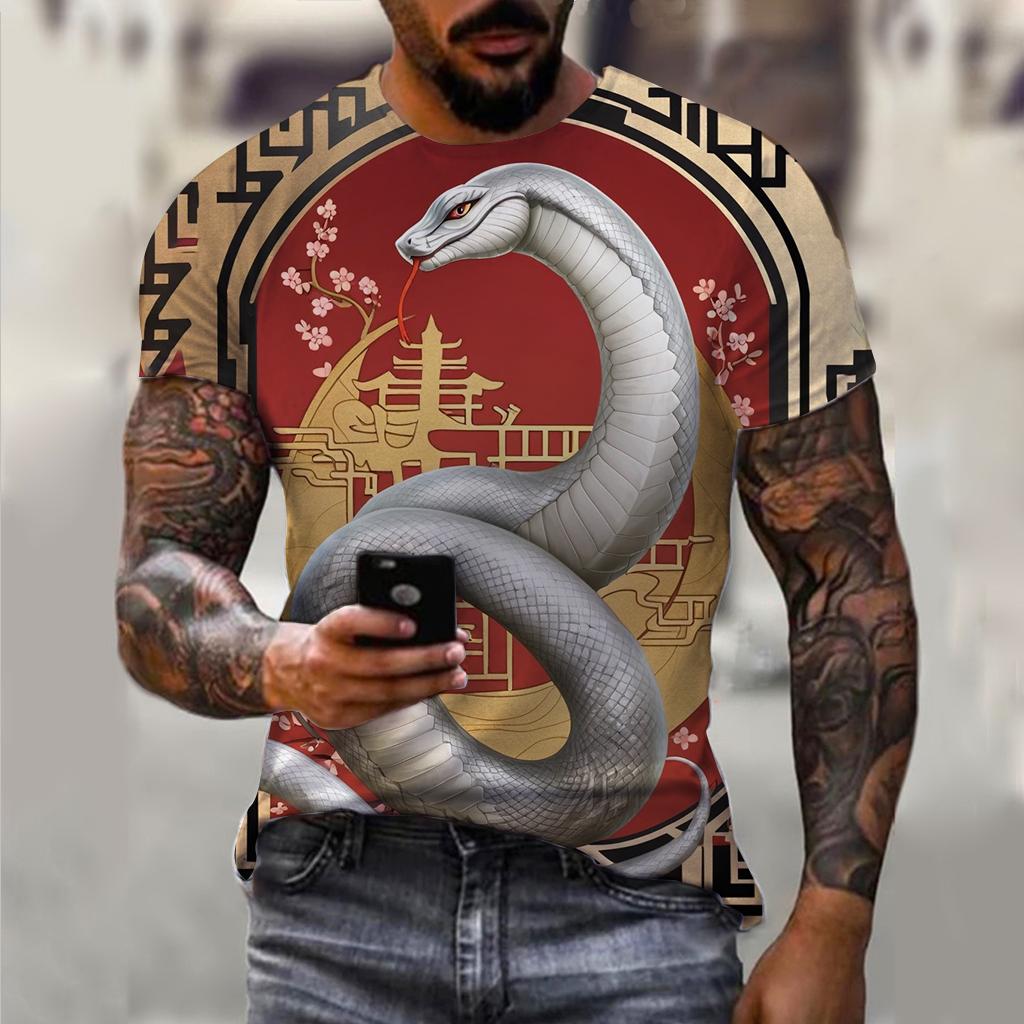 T-shirt décontracté à manches courtes pour homme imprimé 3D Année du Serpent du Nouvel An 2025 Confortable Respirant Imprimé Rétro