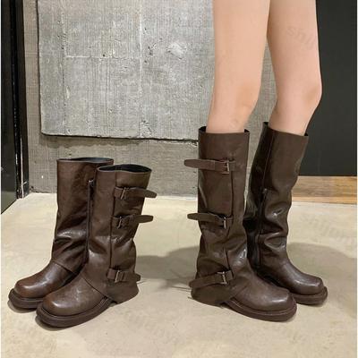 Bottes de Chevalier pour Femmes 2026 Automne Hiver Nouvelle Mode Boucle de Ceinture Bottes Mi-Mollet Vintage Confortables Antidérapantes Chaussures à Talon Rehaussant