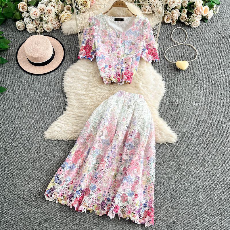 

French style High-Grade Lace Printing Elegant Single-Breasted round Neck Short sleeve Top Two-piece Set High Waist Slimming Skirt