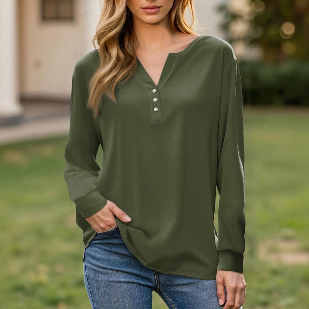 Women's T Shirt Tee Button Long Sleeve Daily Weekend Fashion Basic V- Neck Regular Top