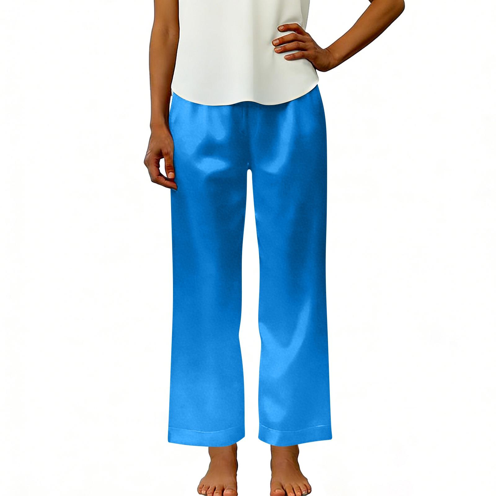 

Women s Fashionable Color Elastic Waist Pocket Loose Straight Leg Casual Pants M синій