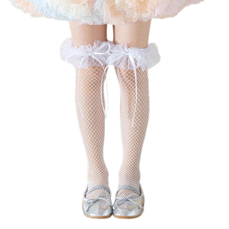 Breathable Lace Sweet Socks for Kids Feature Lovely Bowknot Edges, Lovely Girls In Tube Socks for Summer Outfits