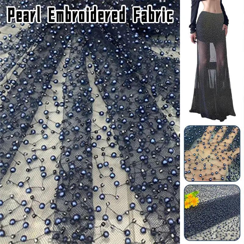 90x125cm Luxury Embroidery Pearl Sequin Loose Bead Fabric DIY Handmade Dress Material High Quality Handmade Pearl Beads Mesh