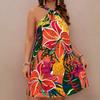 Womens Tropical Floral Print Halter Neck Twist Short Dress Loose Fit Vacation Style
