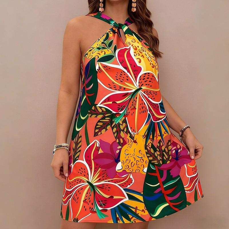 Womens Tropical Floral Print Halter Neck Twist Short Dress Loose Fit Vacation Style