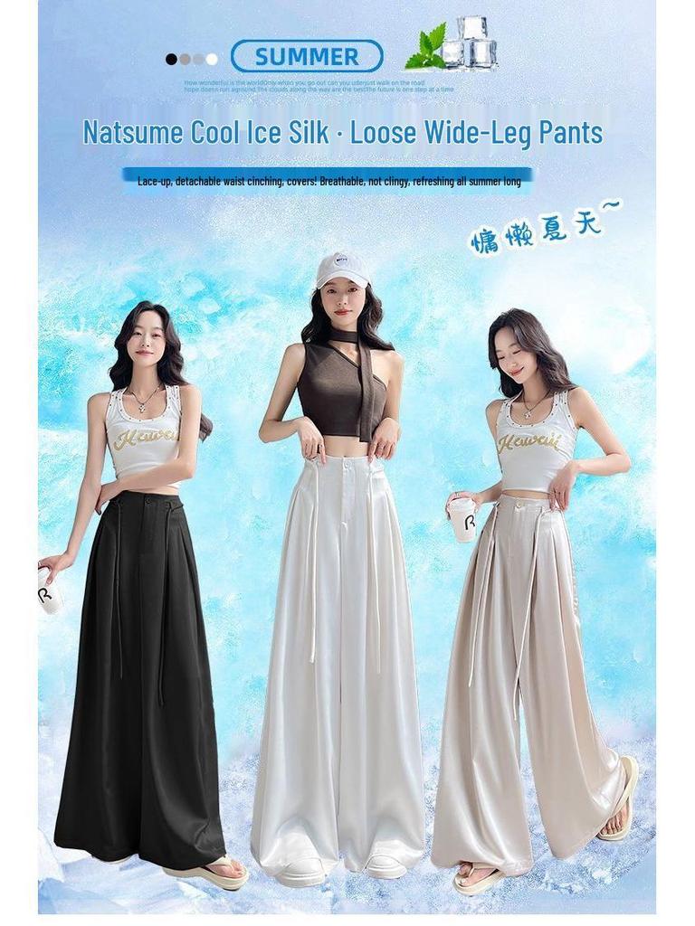 2026 Damen High-Waist Acetatsatin Weitbeinige Bodenlange Hose - Stylischer Sommer Sonnenschutz Freizeitanzug.