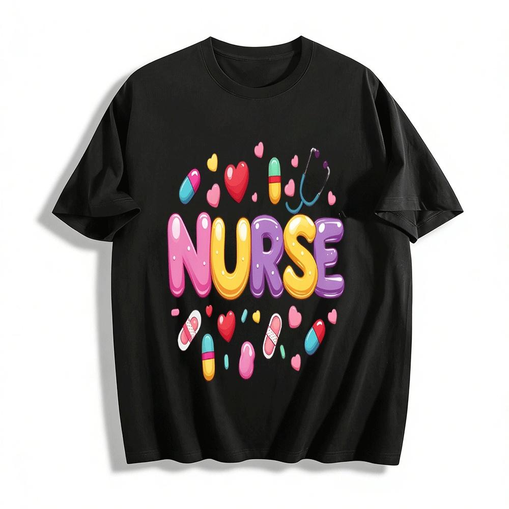 Cute Nurse Themed Love Pill Print Casual T-Shirt Pure cotton T-shirt XXS