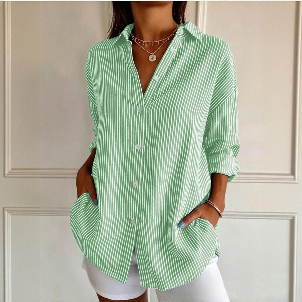 Women's Casual Loose Fit Long Sleeve Striped Shirt with Collar - Blouse Top for Everyday Wear