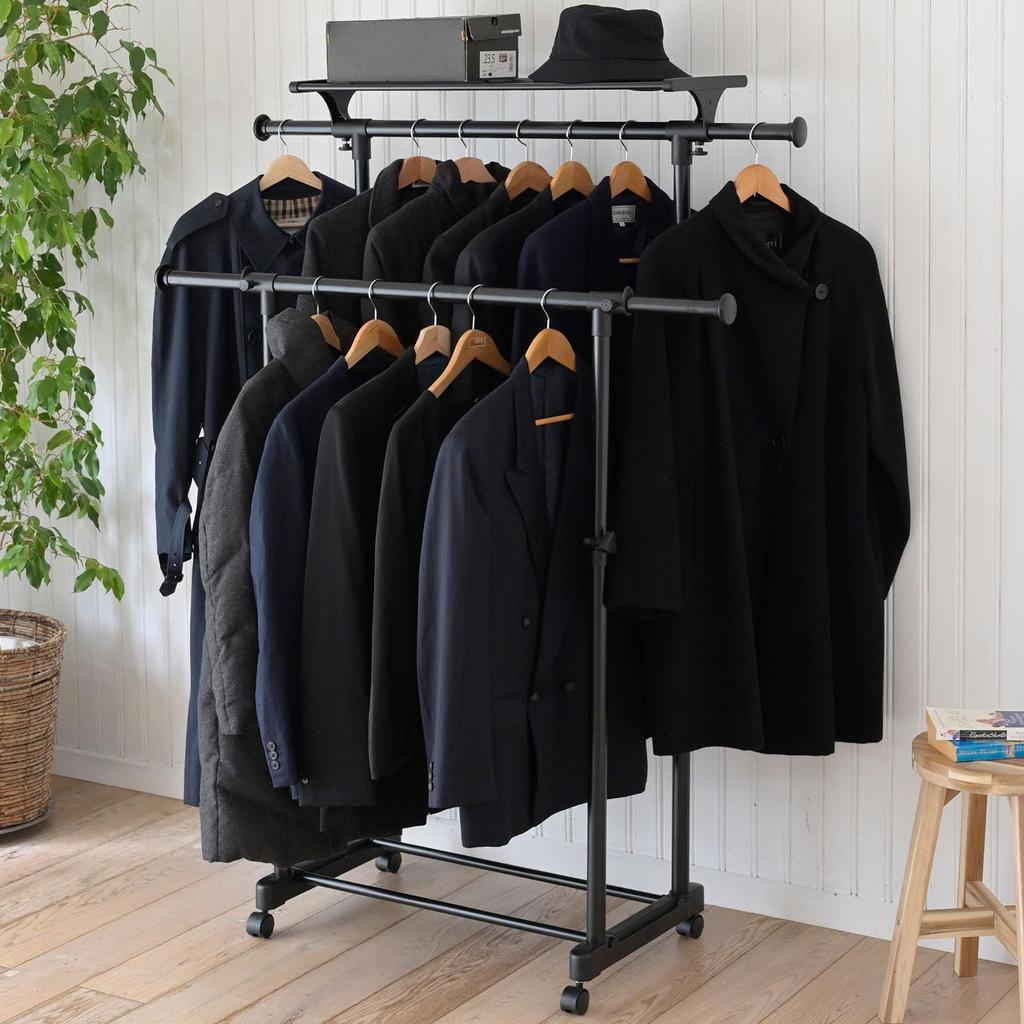 YAMAZEN Clothes Rack with Wide X Deep X High Upper Height Assembly All (YAMAZEN) Casters, 80-132cm 51.5cm 95.5-158.5cm (with Shelf, Extendable,