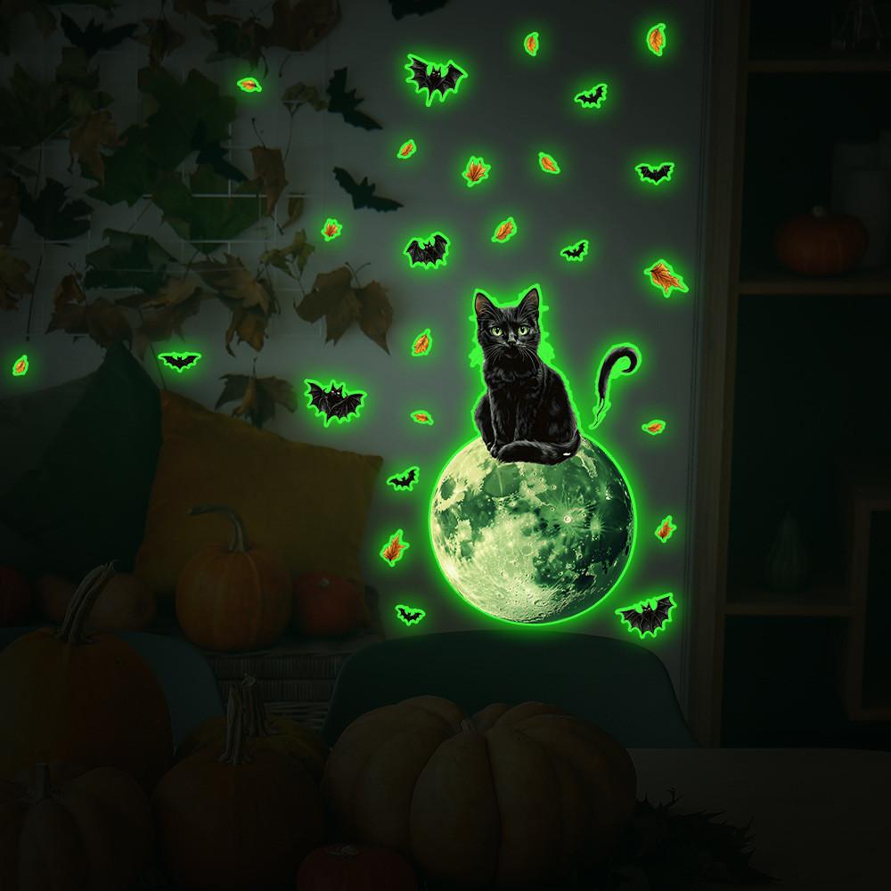 Light Green Halloween Moon Black Cat Bat Wall Decor For Bedroom Office Spaces