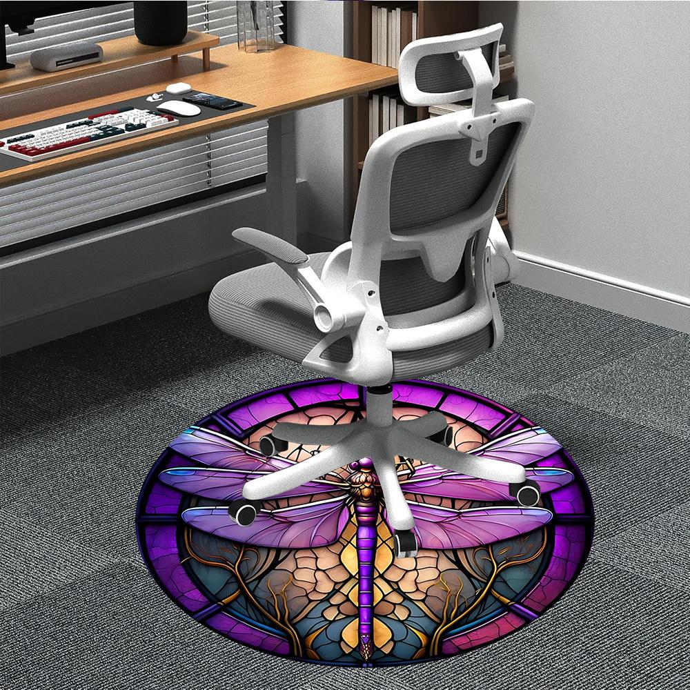 1pc Purple Stained Glass Dragonfly Office Round Area Rug, Under Office Chairs Bedroom Living Room Home Decor, Room Deco