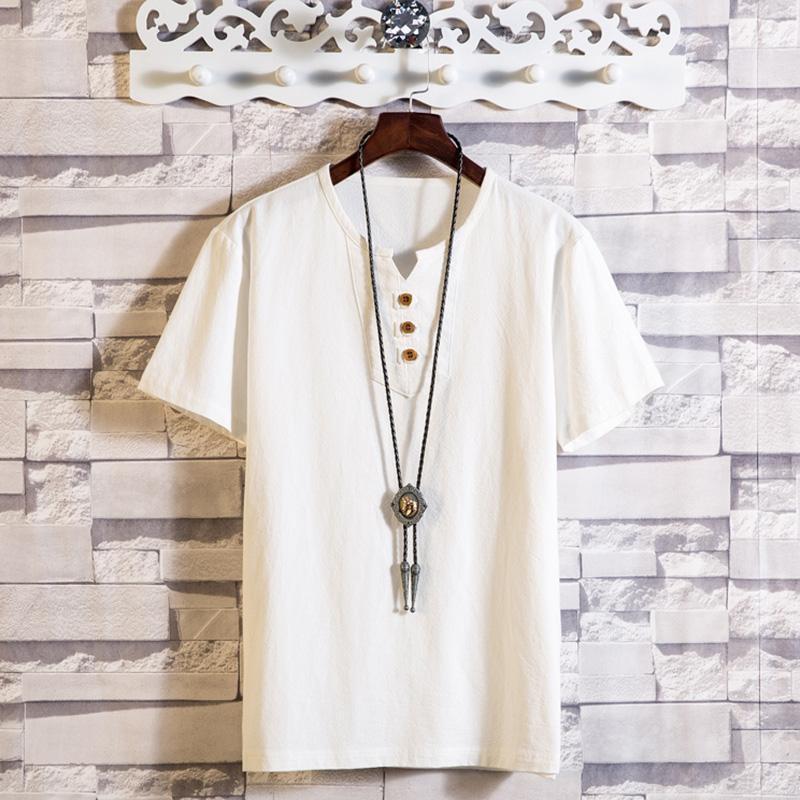 Pánské retro lněné tričko s V-výstřihem pro volný čas na léto
