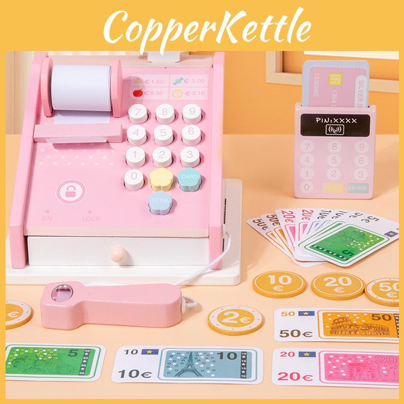 Supermarket Wooden Cash Register Playset Realistic Features Storage Box For Kids
