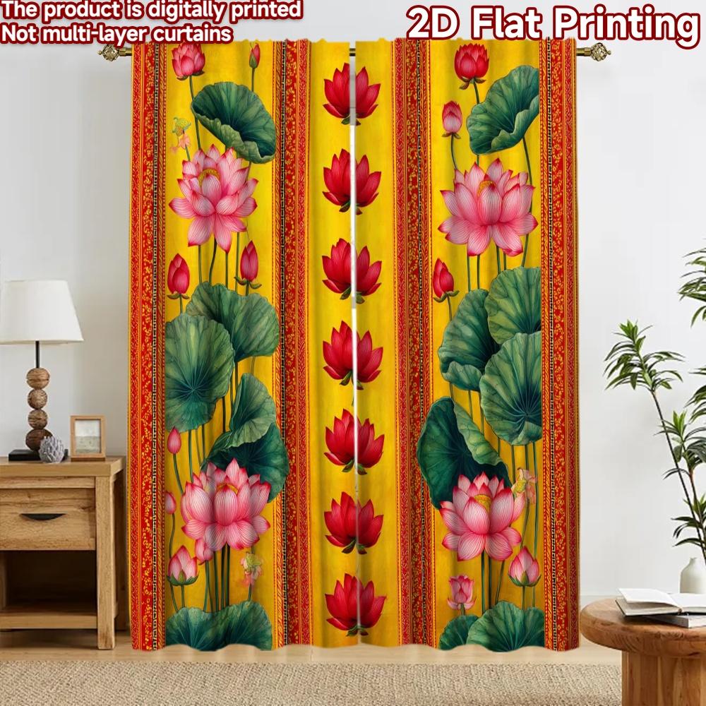 2D Flat Printing 2pcs Curtain Window Curtains Buddhist Lotus Flower Arrangement Digital Printed Polyester Drapes Party