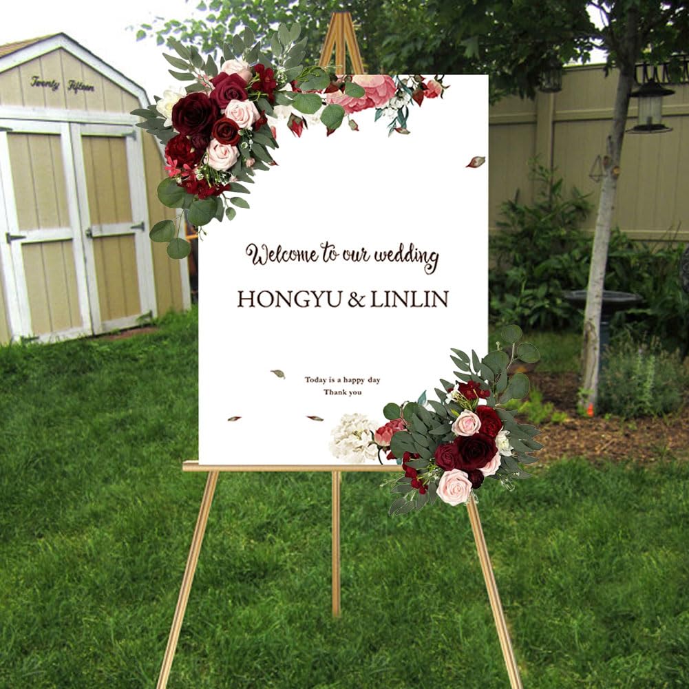 Wedding Arch Faux Flower Swag Set of 2 - Artificial Silk Rose Floral Garland with Eucalyptus Greenery for Ceremony Arch Welcome Sign Backdrop