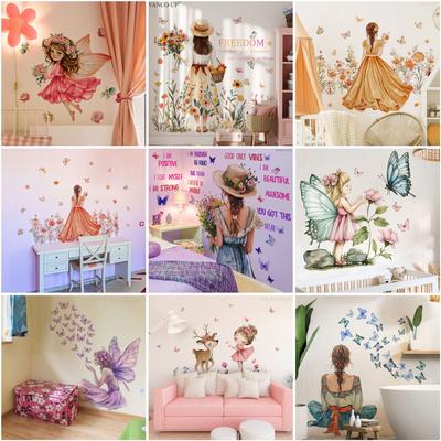 A Variety of Creative Butterfly Fairies, Flower Bushes, Elk Girls, Blue-green Butterfly Wall Stickers, Background Decoration, Removable Stickers