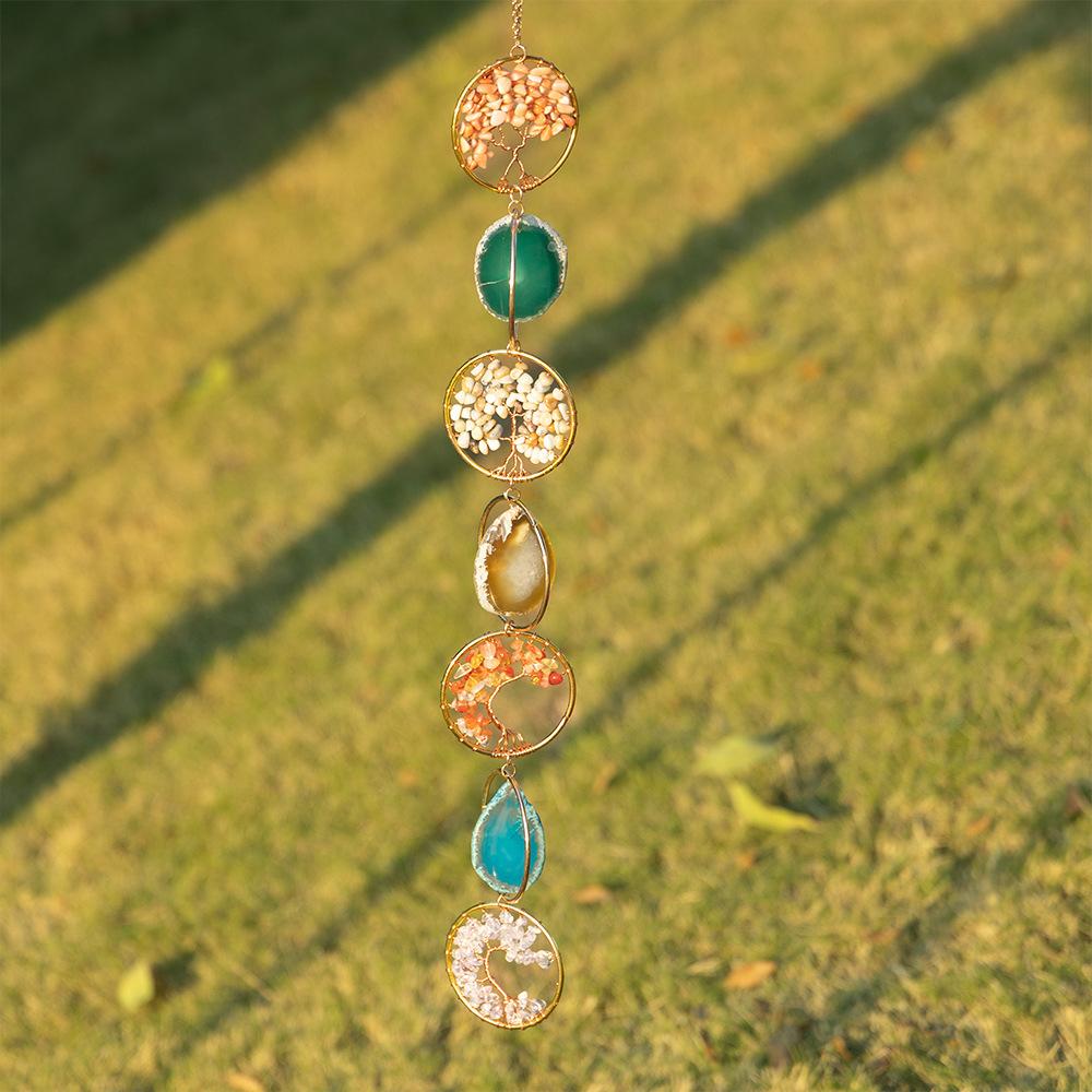Crystal Color Tree of Life Agate Sheet Lighting Wind Chime Pendant Rough Stone Home Desktop Decoration Crafts Ornament Seven ring agate tree of life