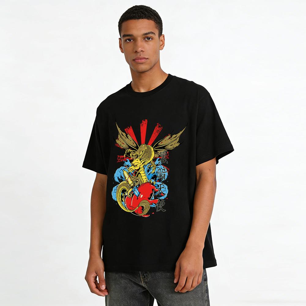 Dark Angel Winged Dragon Print Trendy Casual Short Sleeve Top Pure cotton T-shirt