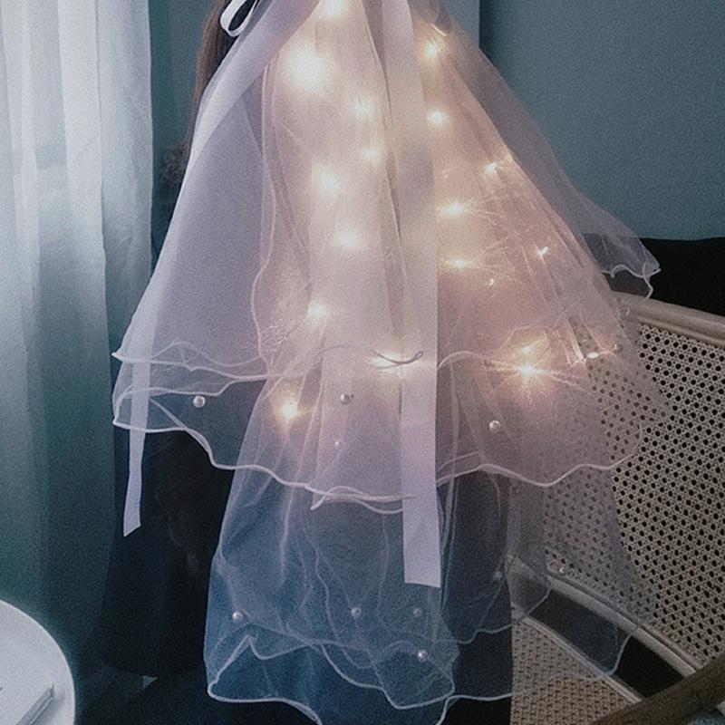 Hochzeit Schleier mit Clip/Kamm Haarschmuck für Bräute Mädchen Tüllschleier mit Rand und Lichterkette 8 Farben