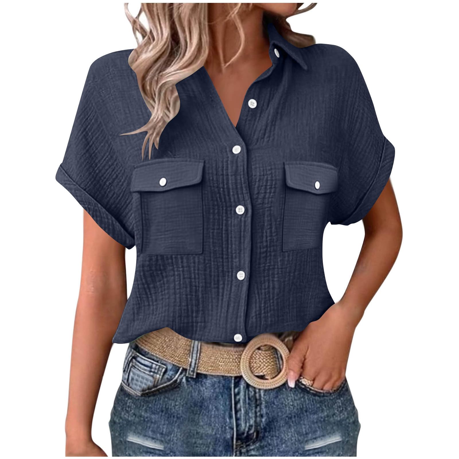 

Women’s Summer Short Sleeve Collared Button Down Shirt Casual Relaxed Fit Blouse with Chest Pockets Lightweight Top XL