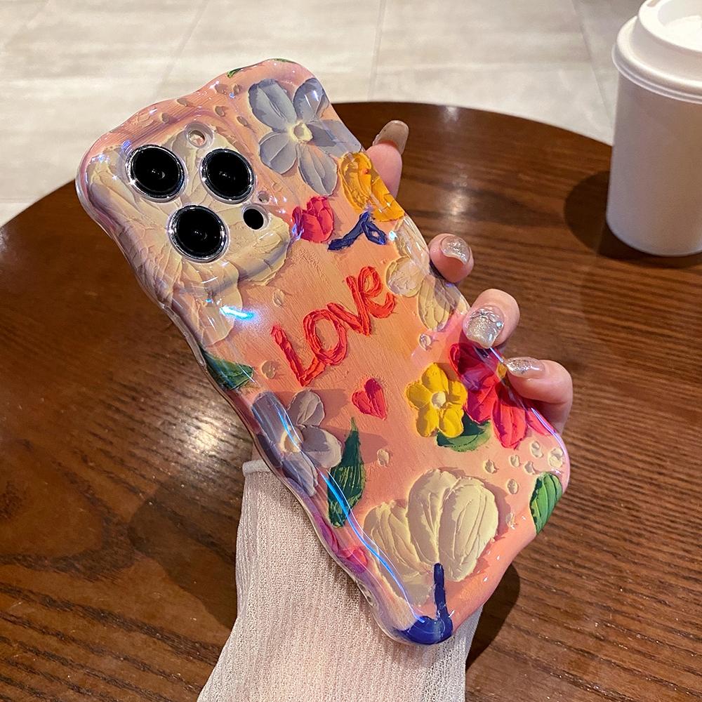 

Для iPhone 11 15promax чехол для телефона с масляной живописью и цветами для iPhone 15 Pro Max 12 13 14 Pro Max мягкий противоударный бампер IMD с волнистой рамкой for iphone 13 pro жёлтый