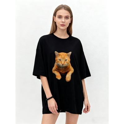 Oversize-T-Shirt mit Katzenprint, schwarz-orange, lässige Kleidung für Damen, Sommermode, Streetwear, Unisex, lockere Passform, Grafik-T-Shirt