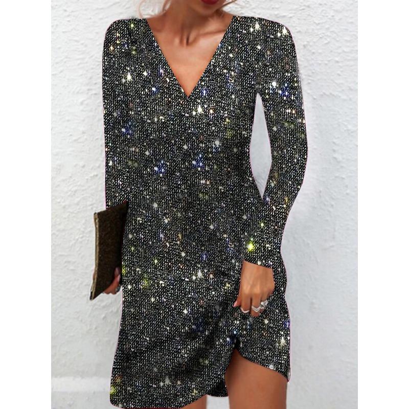IHUASU Fashion Autumn Winter Solid Color Print Long Sleeve V-Neck Casual Dresses Unique design
