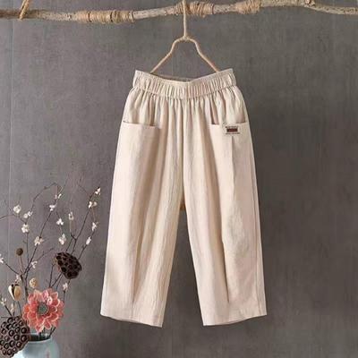 Cotton Hemp Cropped Trousers Women Spring Summer Plus Size Loose Linen Elastic Waist Pants