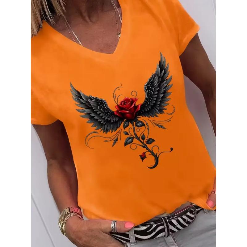 T-shirt à manches courtes pour femme avec imprimé floral et feuilles, col en V