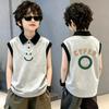 Boys' Trendy Cotton Color Block Polo Vest T-shirt with Stylish Lapel Patchwork - Sleeveless Summer Top for Medium and Large Children