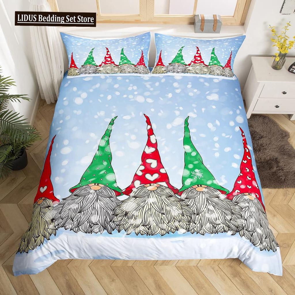 Christmas Gnomes Duvet Cover Set Santa Claus Xmas Comforter Cover Merry Christmas Bedding Sets Winter Snow Holiday Quilt Cover
