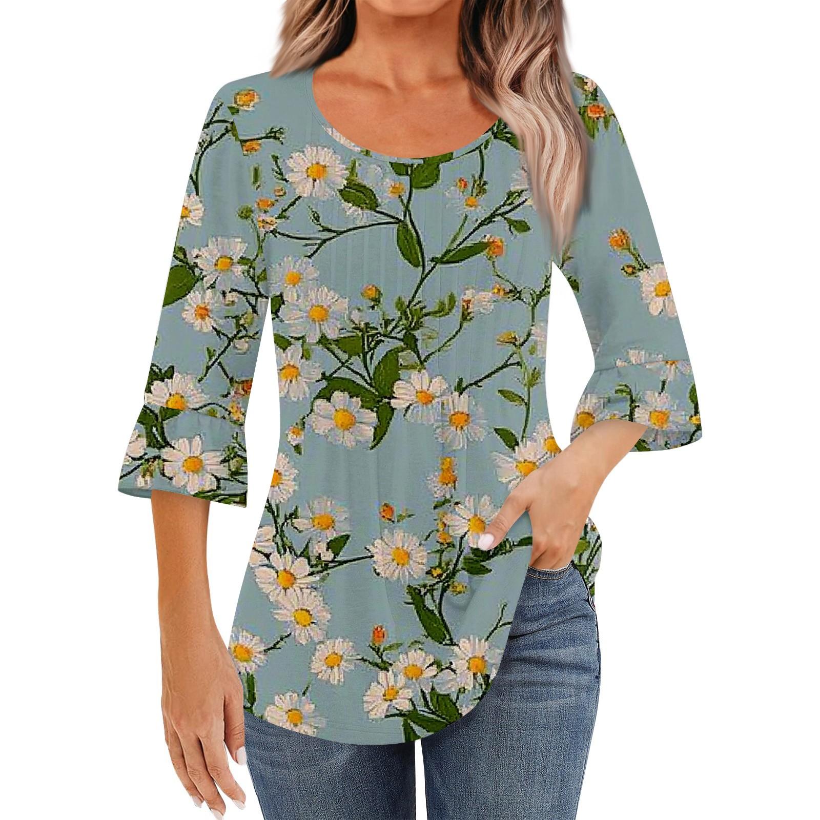 

Женская модная повседневная плиссированная футболка с круглым вырезом и цветочным принтом, рукав три четверти XL