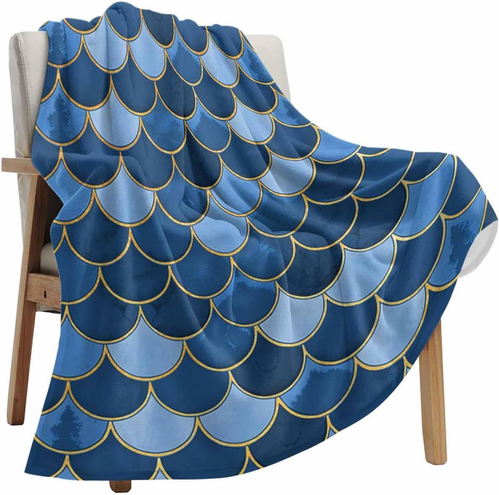 Mermaid scale blanket blue gold fish pattern fantasy design soft throw ocean decor bedroom textile magical home accessory