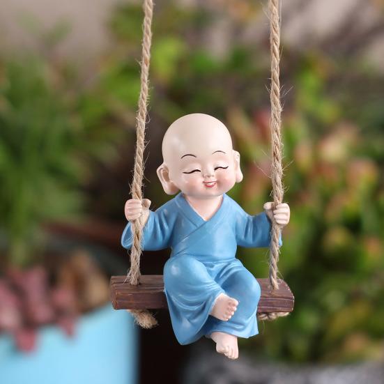 Mönch auf Schaukel Ornament Harz Kleiner Novizenmönch Figur mit Aufhängeseil Schaukel Buddhistischer Mönch Dekoration für Zen-Garten Meditationsraum