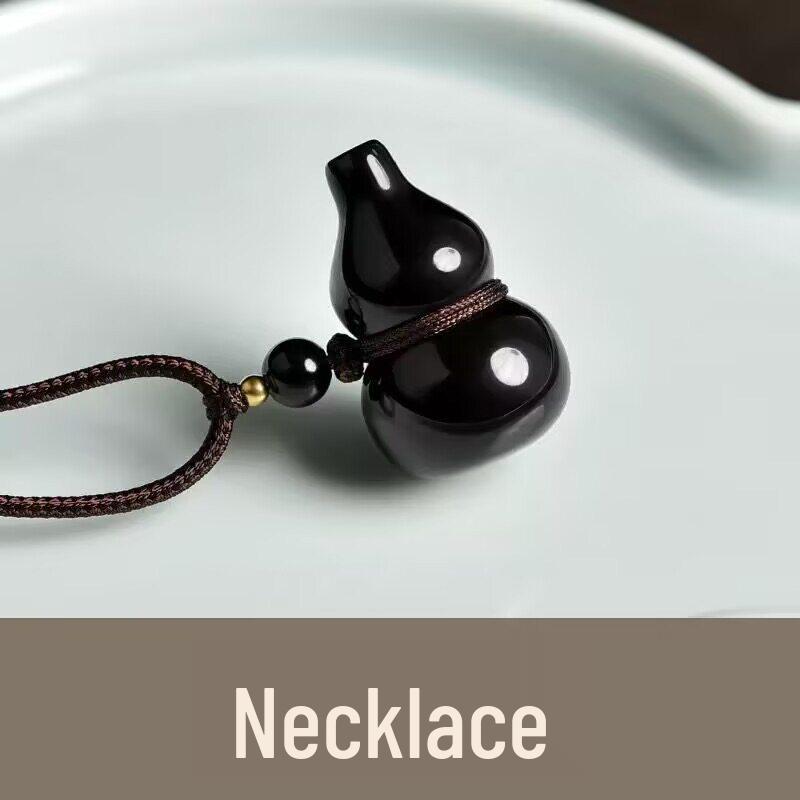 Black Obsidian Gourd Pendant Keychain with USB Anti-Lost Chain for Bags and Phones