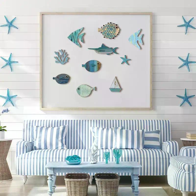 10pcs/set Wooden Fish Hanging Beach Theme Bathroom Fish Wall Decor Art Nautical Coastal Ocean Home Decoration