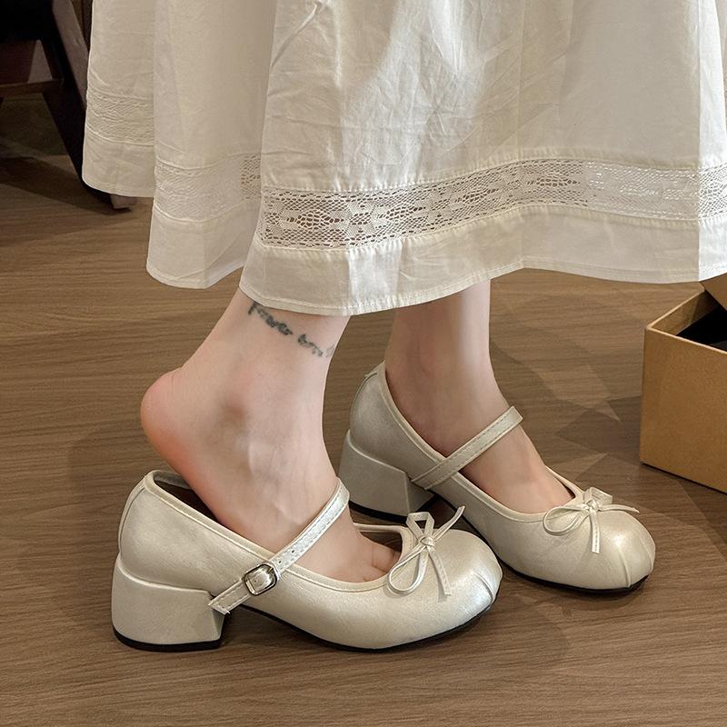 French thick heel heightening shallow mouth single shoes women's 2025 spring and summer new high-end one-word buckle Mary Jane single shoes